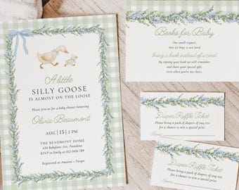 Silly Goose Baby Shower Invitation Set, Blue and Green Gingham Baby Shower Invite with Diaper Raffle and Books for Baby, Canva #SG2512