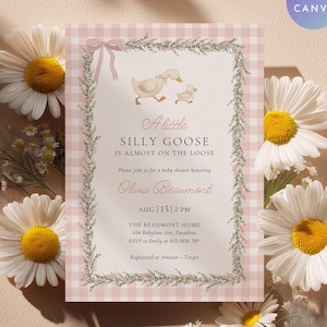 Silly Goose Baby Shower Invitation Template, Pink Gingham Baby Shower Invite. Edit in Canva