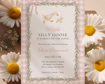 Silly Goose Baby Shower Invitation Template, Pink Gingham Girl Baby Shower Invite, Silly Goose Invite, Digital Invitation, Canva #SG2512