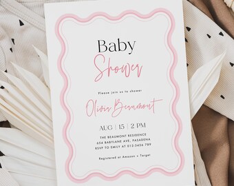 Pink Wave Baby Shower Invitation Template: Girl Invite, Editable in Canva (Digital Invitation)