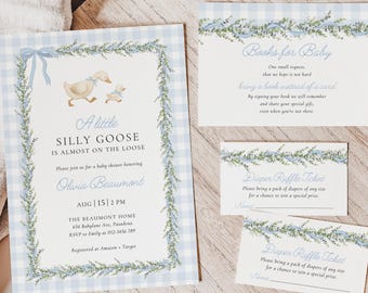 Set di inviti per baby shower Blue Silly Goose, invito per baby shower a quadretti blu per maschietto con lotteria di pannolini e libri per neonati, Canva #SG2512