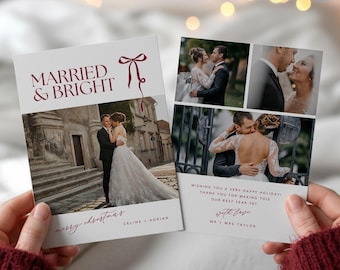Married and Bright Christmas Card with Photo, Red Coquette Bow Holiday Card, Burgundy Newlywed Christmas Card, Canva Template, CANVA #CA2510