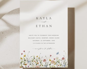 May include: Wedding invitation with a floral border. The invitation is for Kayla and Ethan's wedding at Belcourt Castle in Newport, Rhode Island on September 25th, 20XX at 3:00 PM.
