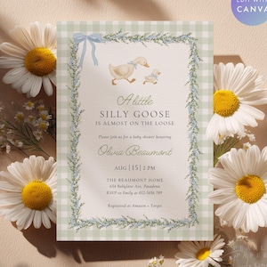 Può includere: Invito per baby shower con un design stravagante. L'invito presenta un bordo a quadretti verde chiaro, un fiocco blu e illustrazioni di oche. Il testo recita "A little silly goose is almost on the loose" e include i dettagli dell'evento.