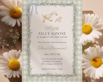 Modello di invito per baby shower "Silly Goose", invito per baby shower a quadretti verdi, invito "Silly Goose", invito digitale, Canva #SG2512