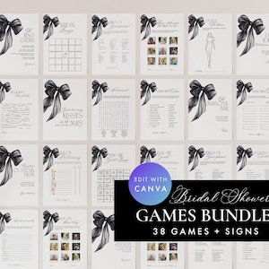 Coquette Bridal Shower Games Bundle, Black Bow Bachelorette Party Games Bundle, Bridal Games, Ribbon Bridal Games, Canva #BTK2508