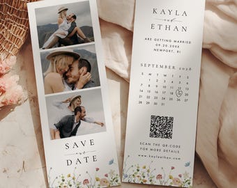 Floral Photo Strip Save the Date Template with QR code and Calendar, Photo Booth Save our Date card, Wildflower Save our date, Canva #073