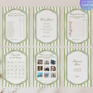 Bridal Shower Games Bundle, Green Stripe Bachelorette Party Games Bundle, Whimsical Bridal Games, Blue Stripe Bow Games, Canva #GST2507