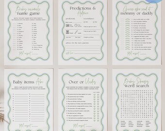 Blue & Green Baby Shower Games Bundle: 37 Printable Canva Templates
