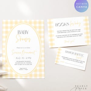 May include: A baby shower invitation suite featuring a yellow gingham design. The main invitation includes event details. Accompanying cards request books and a diaper raffle. The text is in gold, with a Canva edit option.