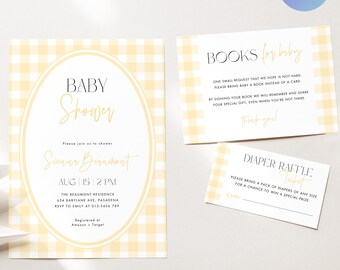 Yellow Gingham Baby Shower Invitation Set, Baby Shower Invite Template, Yellow Plaid Books For Baby, Diaper Raffle Ticket, Canva #GH2506