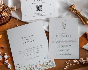 Floral Wedding Invitation Template, Wildflower Wedding Invitation Suite with QR Code, Wedding Invitation Suite, Boho Wedding Invite Set #073