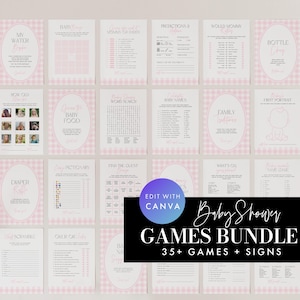 Pink Gingham Baby Shower Games Bundle, Girl Baby Shower Games Bundle
