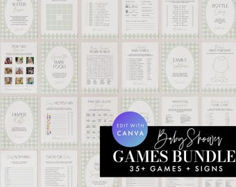 Green Gingham Baby Shower Games Bundle, Baby Shower Games Bundle, Green Plaid Baby Shower Games, Printable Baby Games, Canva #GH2506
