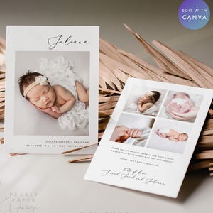 May include: Two white cards with baby photos. One card features a single photo of a sleeping infant with the name "Juliana" in script. The second card has four smaller photos and text that reads "Thank you for all your thoughts and warm wishes."