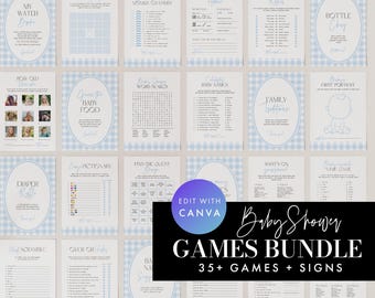 Blue Gingham Baby Shower Games Bundle, Boy Baby Shower Games Bundle, Blue Plaid Baby Shower Games, Printable Baby Games, Canva #GH2506