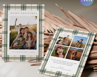 Plaid Christmas Card with Photo, Green Christmas Card Canva Template, Green Plaid Happy Holidays Photo Card, Classic Christmas Card, CANVA