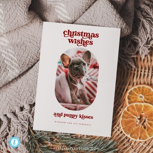 Modello di biglietto di auguri per le feste del cane, modello di biglietto di auguri per le feste con foto minimalista, modello di biglietto di auguri di Natale ovale per cani, biglietto di auguri di buone feste