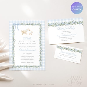 Peut inclure: Ensemble de faire-part de baby shower avec un motif vichy bleu et des accents floraux. L'invitation pr&eacute;sente une illustration &agrave; l'aquarelle d'une oie et d'un oison. Comprend une carte "Livres pour b&eacute;b&eacute;" et un "Billet de tombola pour couches".