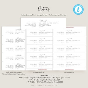 May include: Printable wedding address labels template for Avery 22838, sheet labels 527, and full-sized adhesive label paper. The template includes three sizes: 8 x 2 inches, 8 x 2 inches, and 7 17/20 x 1 3/4 inches. The template features a simple, elegant design with the text "below to" and the names "CELINE - MATEO" and "MR. & MRS. OLIVER HUNTER".