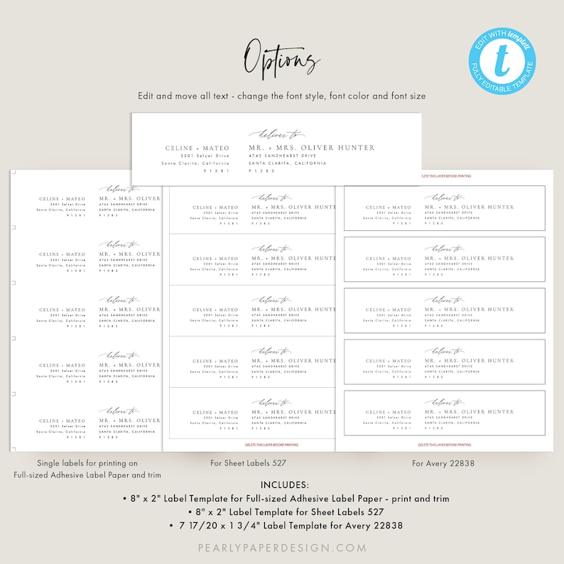 May include: Printable wedding address labels template for Avery 22838, sheet labels 527, and full-sized adhesive label paper. The template includes three sizes: 8 x 2 inches, 8 x 2 inches, and 7 17/20 x 1 3/4 inches. The template features a simple, elegant design with the text "below to" and the names "CELINE - MATEO" and "MR. & MRS. OLIVER HUNTER".