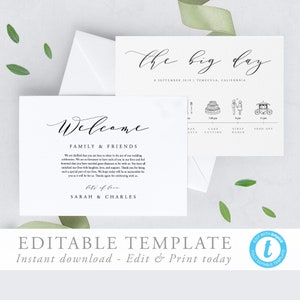 Calligraphy modern Wedding Timeline Template Editable Wedding day Itinerary Welcome Bag Note Wedding schedule Printable Order of Events 06