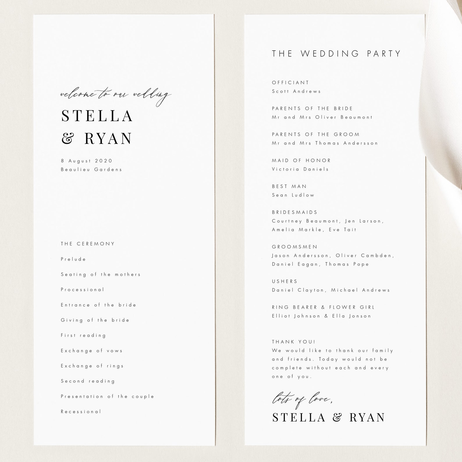 Minimalist Wedding Program Template Modern Ceremony Program Template ...