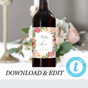 Floral Wedding Wine Bottle Label Template, Fully Editable, Printable Wine Bottle Sticker, Rustic, Templett, Instant Download 08