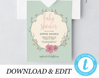 Baby Shower Invitation Template Baby Shower Invite template greenery floral Printable invitation DIY Templett PDF Instant Download Editable