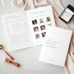 May include: A printable bridal shower game with a white background and black text. The game is titled "How Well Do You Know The Bride?" and includes questions about the bride's birthday, favorite food, and other personal details. The game also includes a section titled "How Old Was The Bride?" with photos of the bride at different ages. The game is designed to be played at a bridal shower.