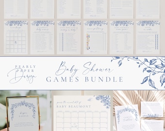 May include: A set of printable baby shower games in a blue and white floral design. The games include baby name bingo, guess the baby food, and more. The games are perfect for a baby shower party.