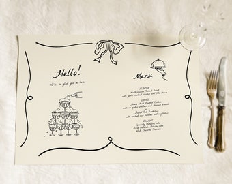 May include: A black and white printable menu template with a hand-drawn illustration of a champagne tower and a cloche with a hand holding it. The text "Hello! We're so glad you're here" is at the top of the page. The text "Menu" is at the top of the right side of the page. The menu includes a starter, main course, and dessert. The text "PEARLYPAPERDESIGN.COM" is at the bottom of the page.