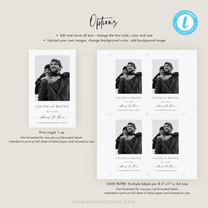 May include: A set of four printable wedding favour labels featuring a black and white photo of a couple with the text "CELINE and MATEO 09.21.2022 cheers to love SAUVIGNON BLANC 2020" printed on each label.
