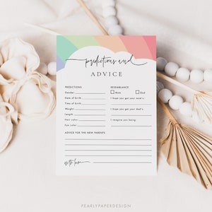 Plantilla de tarjeta de predicciones para bebés arcoíris, plantilla de tarjeta de consejos para baby shower boho, plantilla de juego para bebé imprimible, juego de baby shower arcoíris n.° 078