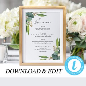 Modelo de menu de bar para casamento rústico Placa de bar Menu de bar Bebidas exclusivas Placa de bar de eucalipto Placa de menu de bebidas Download instantâneo Templatett 03