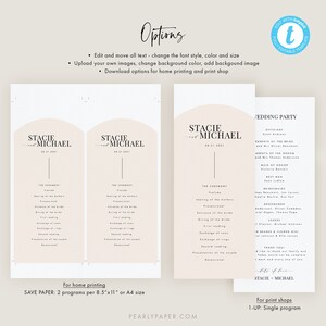 May include: Two printable wedding program templates with a peach background and black text. The text includes the names "Stacie & Michael" and the date "08.21.2021". The templates are for home printing and print shops. The home printing template is for two programs per 8.5" x 11" or A4 size. The print shop template is for one program per page.