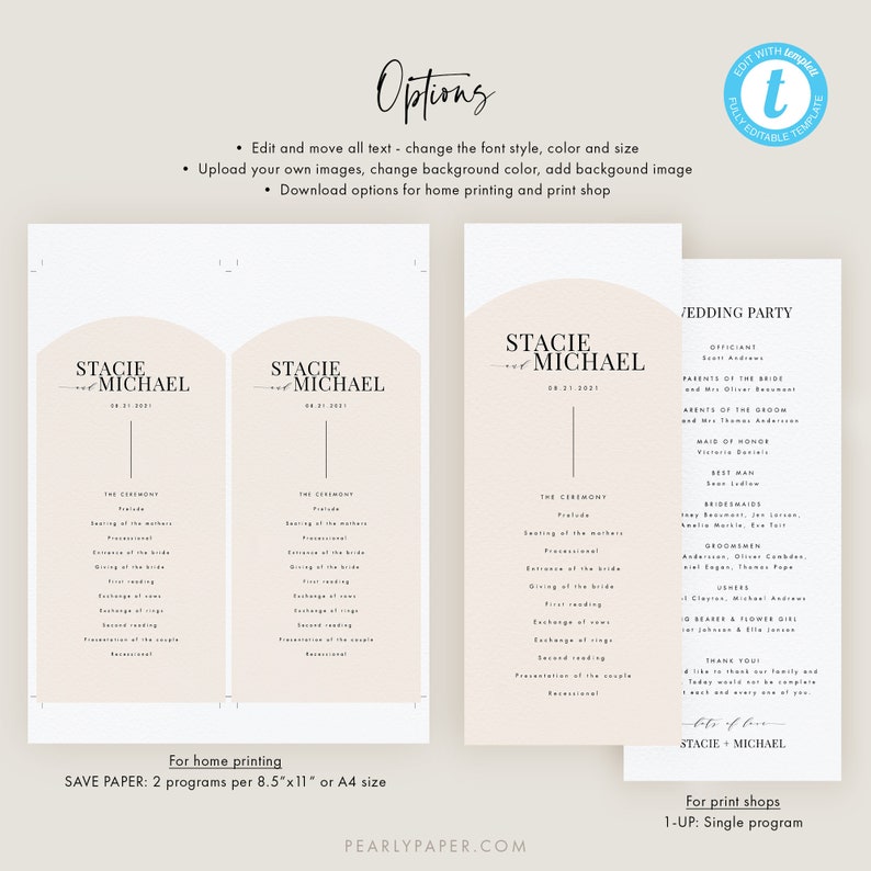 May include: Two printable wedding program templates with a peach background and black text. The text includes the names "Stacie & Michael" and the date "08.21.2021". The templates are for home printing and print shops. The home printing template is for two programs per 8.5" x 11" or A4 size. The print shop template is for one program per page.