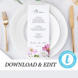 Floral Wedding Menu Template, Simple Wedding Menu, Elegant Menu Cards, Instant Download, Editable Menu Rustic wedding Wedding DIY menu 13