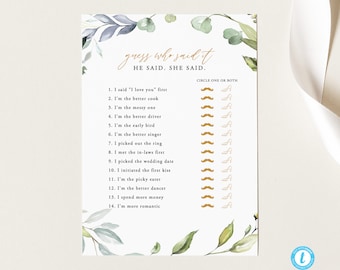He Said She Said Bridal Shower Game Template Guess Who Said It Printable Bridal Shower Games She Said He Said 18