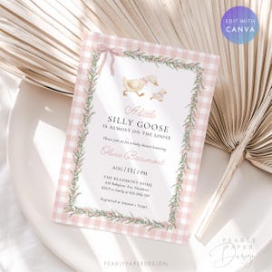 May include: A baby shower invitation with a pink gingham background and a floral border. The invitation features the text "A Little Silly Goose is Almost on the Loose" and details for the event, including the honoree's name, date, and time.