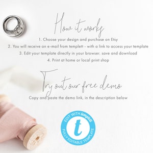 May include: A light blue circle with the text "EDIT WITH templett FULLY EDITABLE TEMPLATE" and a white lowercase "t" in the centre. The text "How it works" is written in black cursive. The text "Try out our free demo" is written in black cursive. The text "Copy and paste the demo link, in the description below" is written in black.