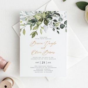 May include: A wedding invitation with a watercolor floral design in shades of green and white. The invitation features the names "Bianca Vaughn" and "Oliver Burrows" in gold script. The text reads "Together with their families, invite you to join in the celebration of their marriage, Sat 25 Jul, Two Thousand Twenty, Three O'Clock in the Afternoon, Beaulieu Gardens, Rutherford, California, Reception to Follow."