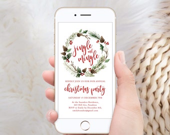 May include: A digital invitation for a Christmas party with a festive wreath design. The text reads "jingle and mingle" and includes details about the event, including the date, time, location, and RSVP information.