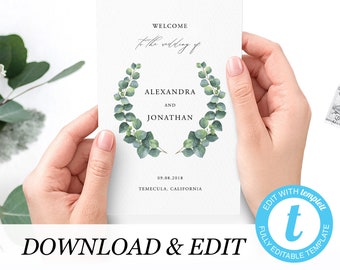 Wedding ceremony Booklet template Eucalyptus Editable Order of Service Wedding program printable instant download Templett DIY Printable 04
