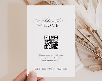 Deel de liefde QR-code sjabloon, Deel de liefde QR-code bord, Elegant fotobord, Modern minimalistisch trouwbord, Templett #CELINE