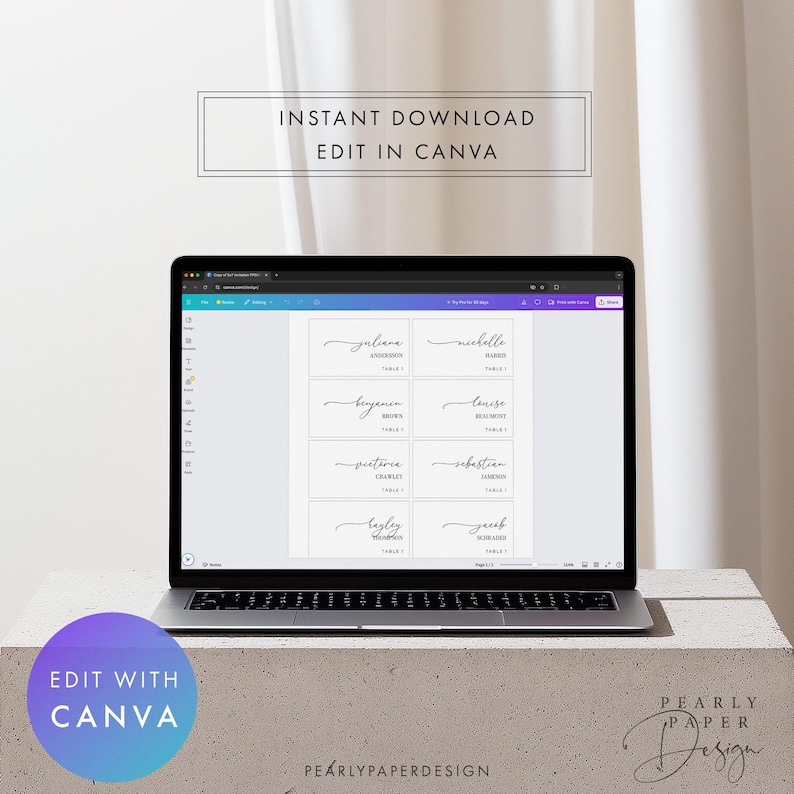 May include: A laptop displays a digital design for place cards with names in elegant script. The screen shows a template with names like 'Juliana' and 'Benjamin'. Text on the screen reads 'Edit in Canva' and 'Instant Download'. The design is on a white background.