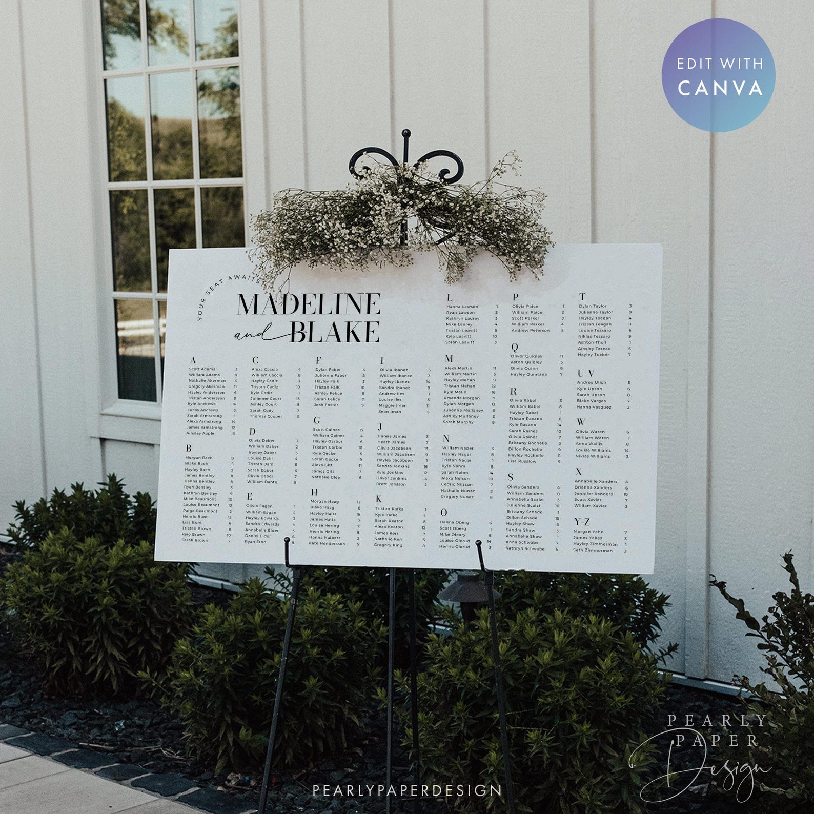 Alphabetical Seating Chart Template, Minimalist Wedding Seating Sign ...