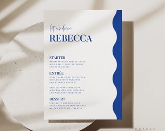 Retro Menu Template Download, Wave Blue Modern Wedding Menu Modern Menu Place Cards Editable Menu wedding Templett #062