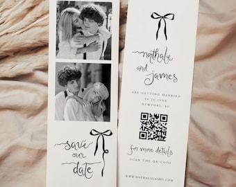 Ribbon Photo Strip Save the Date Template, Parisian Chic Photo Booth Save our Date card with Bow, Modern Save Our Date Invite, Templett #091