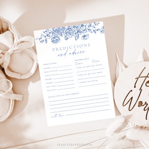 Predictions and Advice Template, Blue Floral Baby Shower Advice Card, Toile Vintage Baby Game Template, Baby Shower Activity Game #077